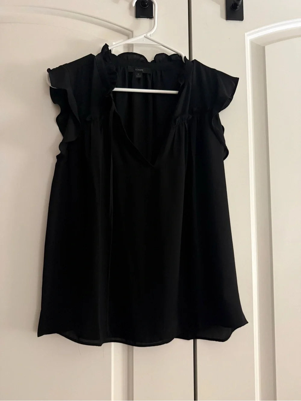 J. Crew Black Ruffle-Sleeve V-Neck Blouse with Tie